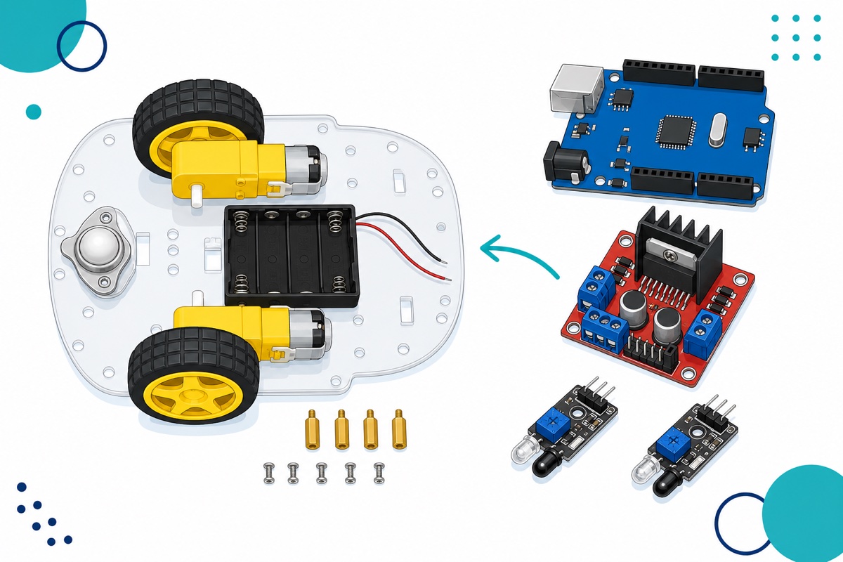 2WD acrylic chassis with yellow TT motors, yellow hub wheels and a black battery holder, next to the blue Arduino Uno, red L298N motor driver module and two IR sensors you add