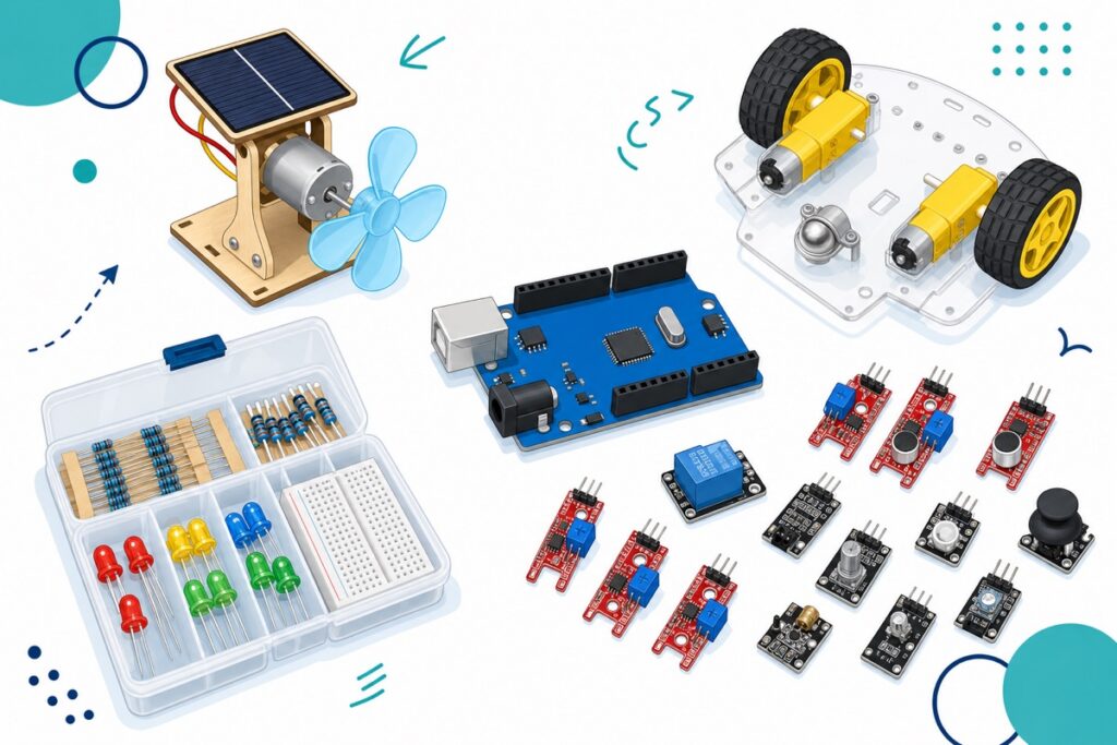 Kit kipas solar, kotak komponen elektronik, Arduino Uno biru, chassis 2WD dan set 37 sensor di atas latar putih