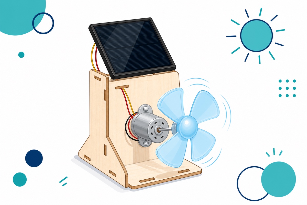 Illustration of an assembled solar fan with a plywood stand, dark solar panel, silver DC motor and light-blue four-blade fan