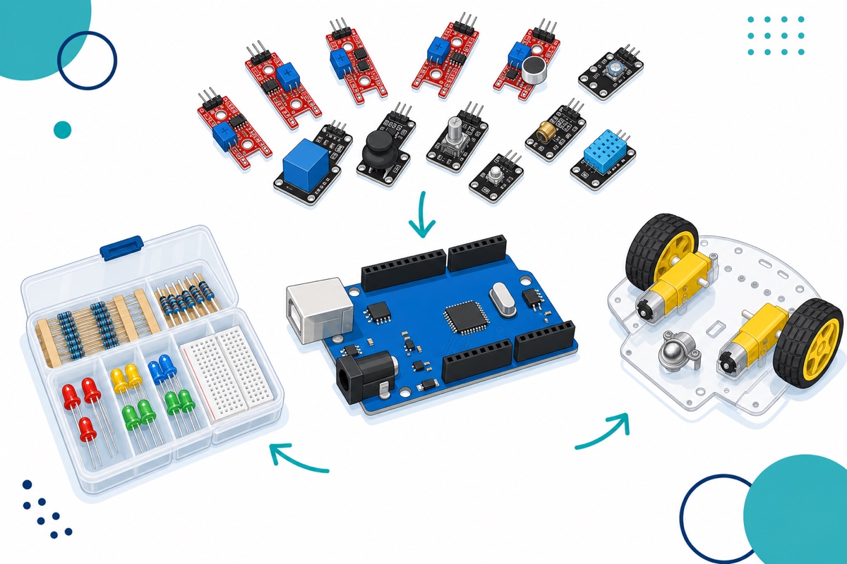 Concept diagram showing a component kit, a sensor kit and a 2WD chassis all needing one blue Arduino Uno in the centre