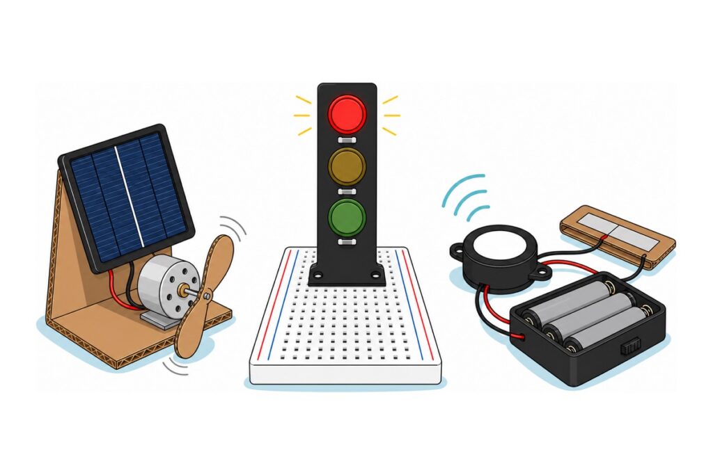 Kartun tiga projek sains sekolah rendah berderet - panel solar biru gelap berbingkai hitam memutarkan motor perak dengan bilah kadbod, modul lampu isyarat papan hitam dengan LED merah kuning hijau di atas breadboard putih, dan buzzer bulat hitam bersama kotak bateri AA hitam serta kadbod berlapis foil perak