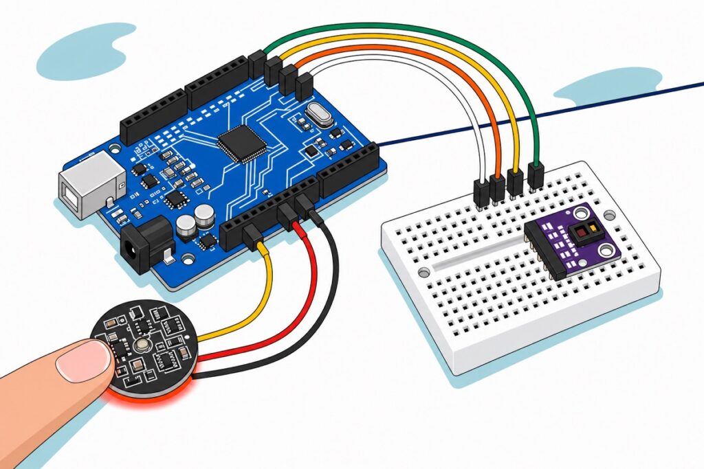 Cartoon of a blue Arduino Uno wired to a purple MAX3010x module on a white mini breadboard, beside a round black pulse sensor with yellow, red and black leads resting on a fingertip