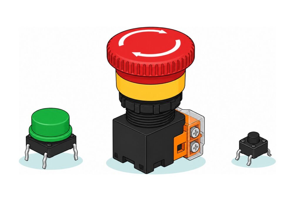 Cartoon of a large red mushroom emergency stop button with a yellow collar beside a green-capped square tactile switch and a tiny black 6x6 tactile switch with silver legs