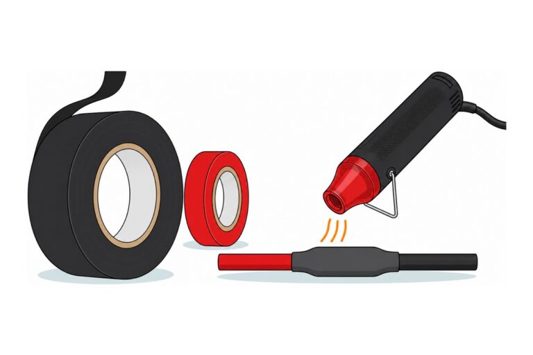 Cartoon of a glossy black PVC electrical tape roll and a red tape roll beside a red-and-black wire joint covered by a shrunk grey sleeve, with a black mini hot air gun with a translucent red nozzle blowing orange heat lines onto it
