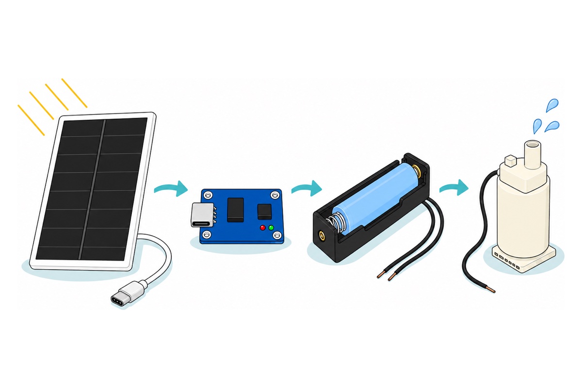 Cartoon chain of four objects joined by teal arrows; a black monocrystalline solar panel in a white frame, a blue TP4056 charging board with a silver USB-C socket, a black battery holder with a light blue 18650 cell, and a cream-white submersible water pump squirting drops of water