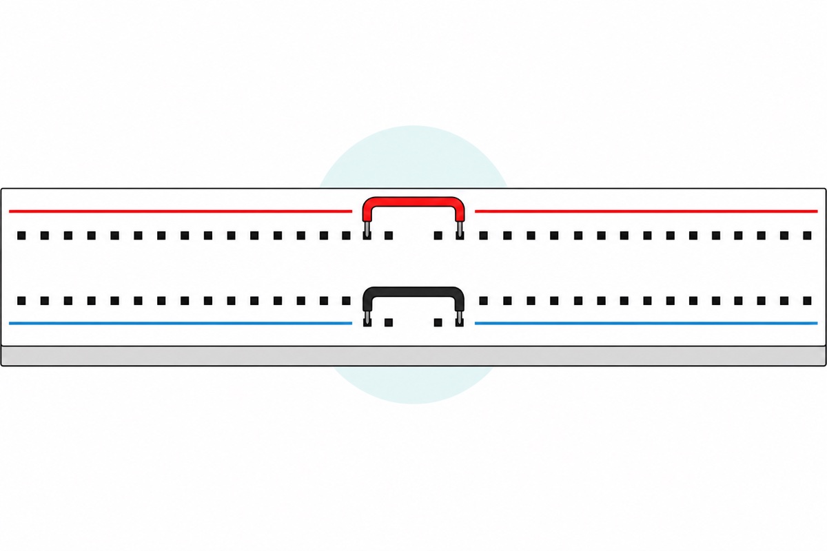 Cartoon close-up of a white breadboard edge showing the red stripe and the blue stripe broken at the middle of the board, with red and black solid-core wires crossing the gaps to reconnect the rails