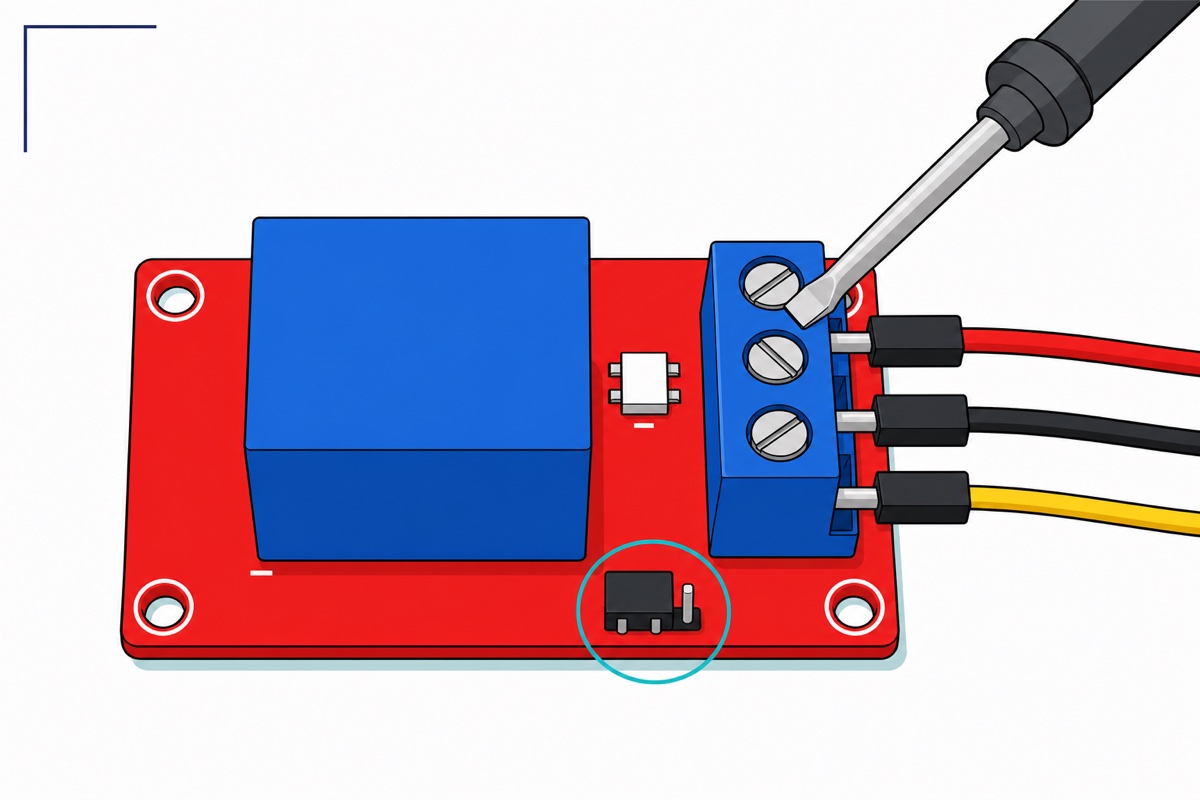 Cartoon close-up of a red relay module with a blue screw terminal being tightened onto three jumper wires by a screwdriver, with the black trigger jumper highlighted by a teal ring