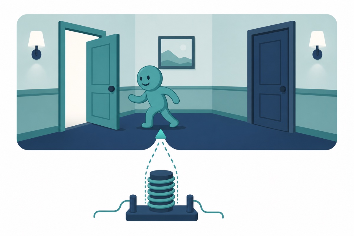 Cartoon door analogy showing relay COM common contact choosing between normally open and normally closed doors