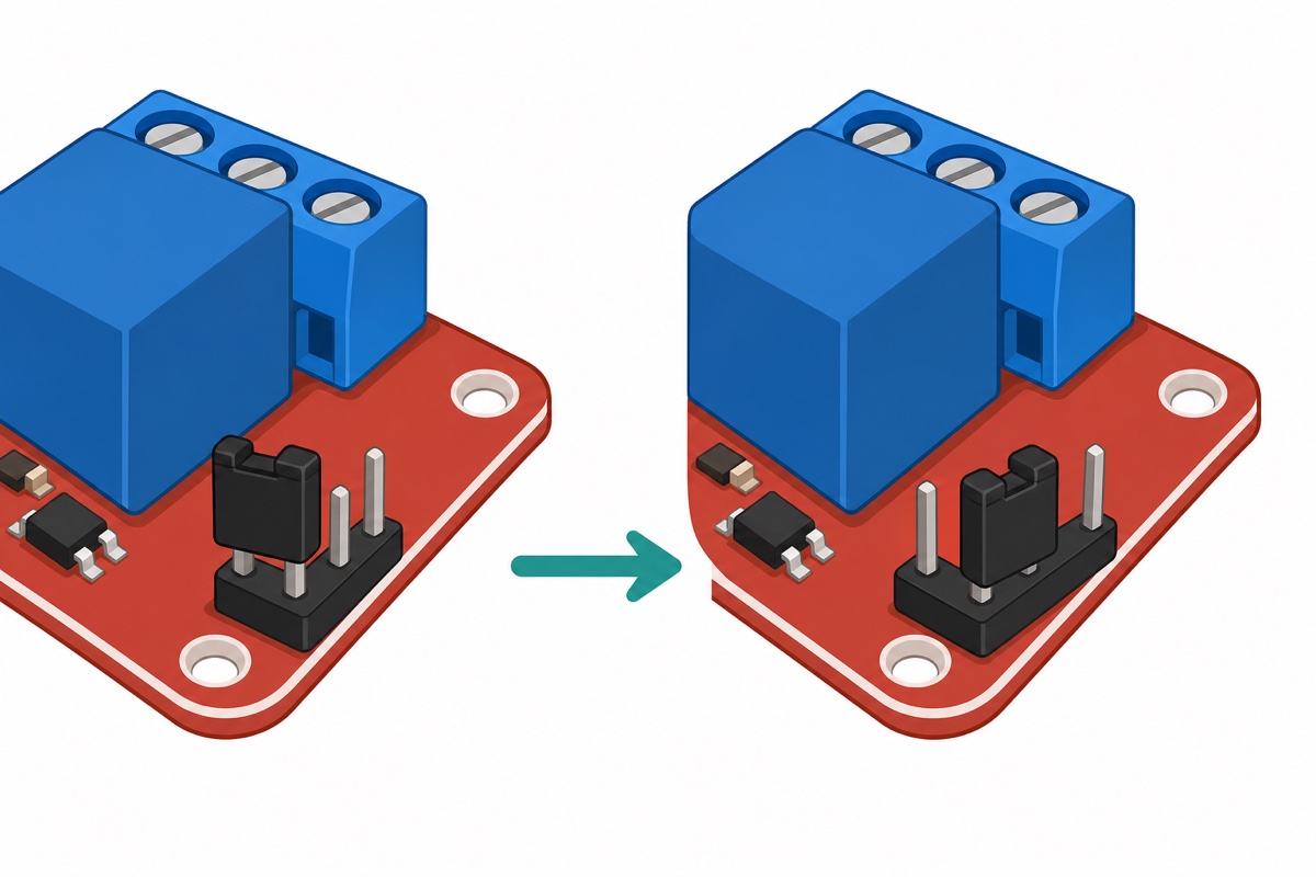 Close-up cartoon of the high low level trigger select jumper on a red relay module PCB in its two positions