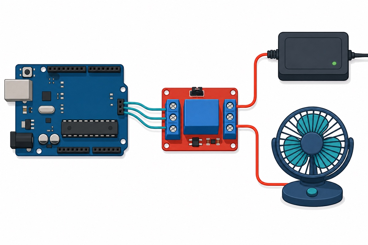 Cartoon wiring overview of Arduino Uno controlling a 12V fan through a red relay module with screw terminals