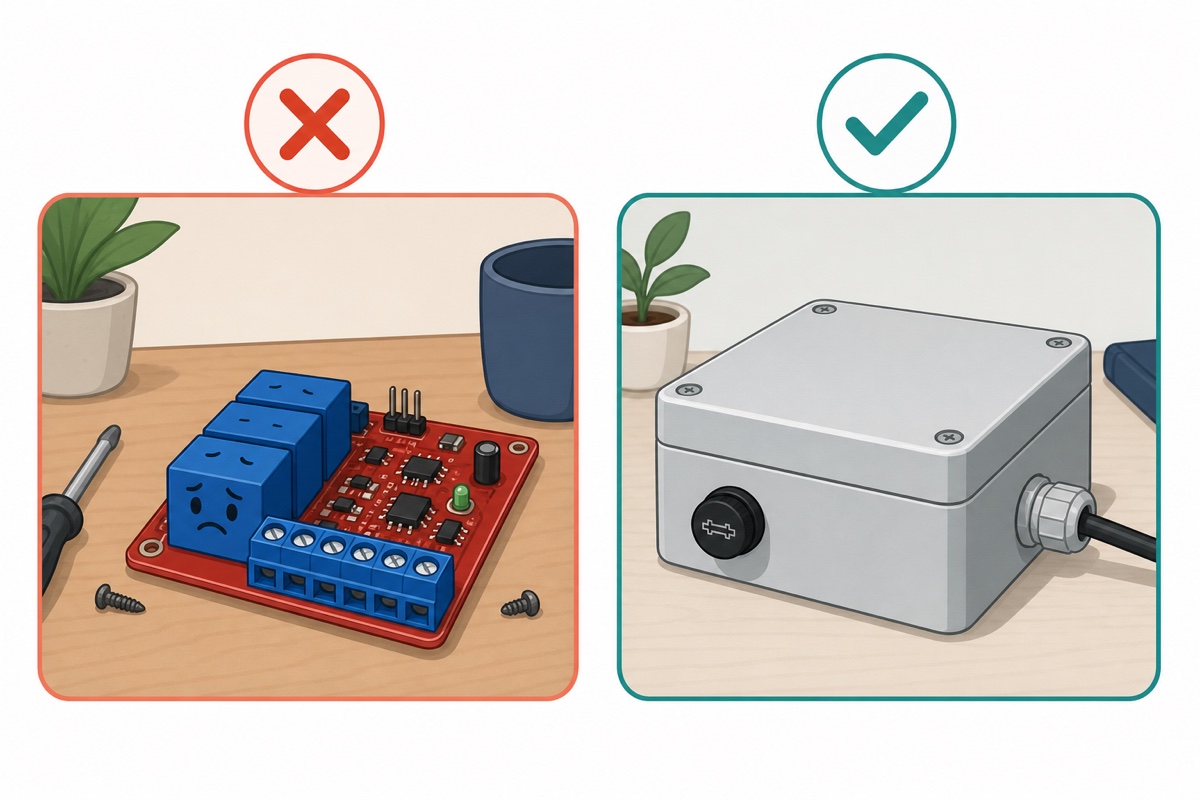 Cartoon comparison of a bare relay module versus a properly enclosed fused build for mains switching