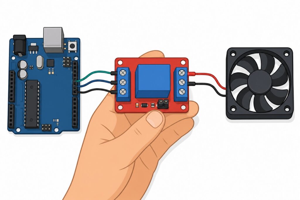 Cartoon of a red relay module with blue screw terminals wired between an Arduino Uno and a 12V fan