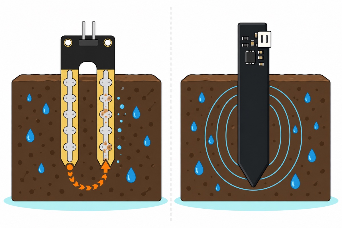 Comparison cartoon of a yellow resistive fork in soil with orange current arrows flowing between its silver prongs, beside a black capacitive paddle surrounded by pale blue field arcs and no current arrows