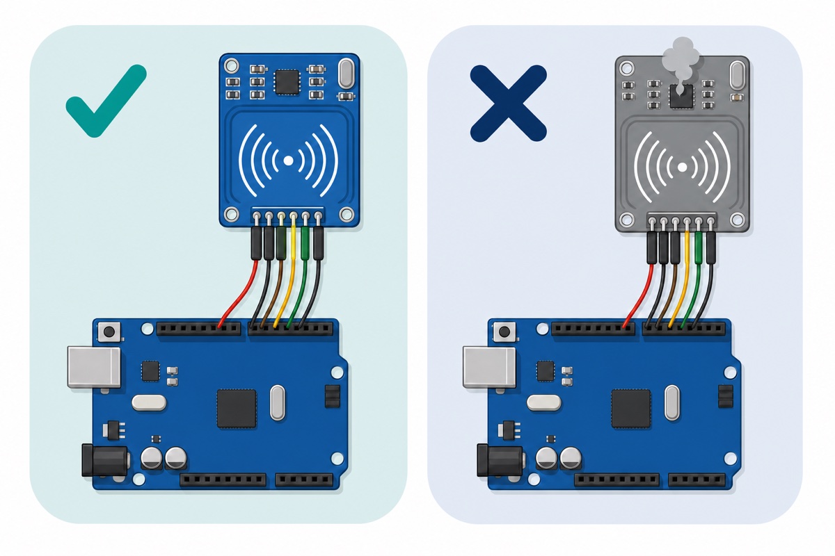 Cartoon comparison showing a blue RC522 reader powered correctly from the Arduino 3.3V pin versus the same reader smoking after being wired to 5V