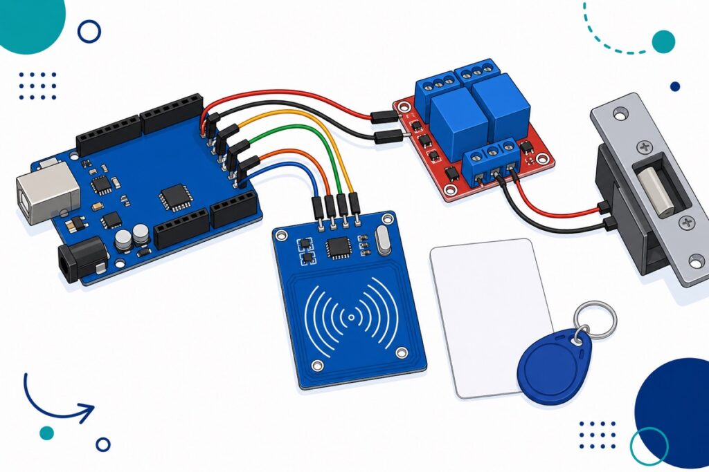 Blue RC522 RFID reader with white card and blue keyfob wired to a blue Arduino Uno and a red two-channel relay module driving an electric strike