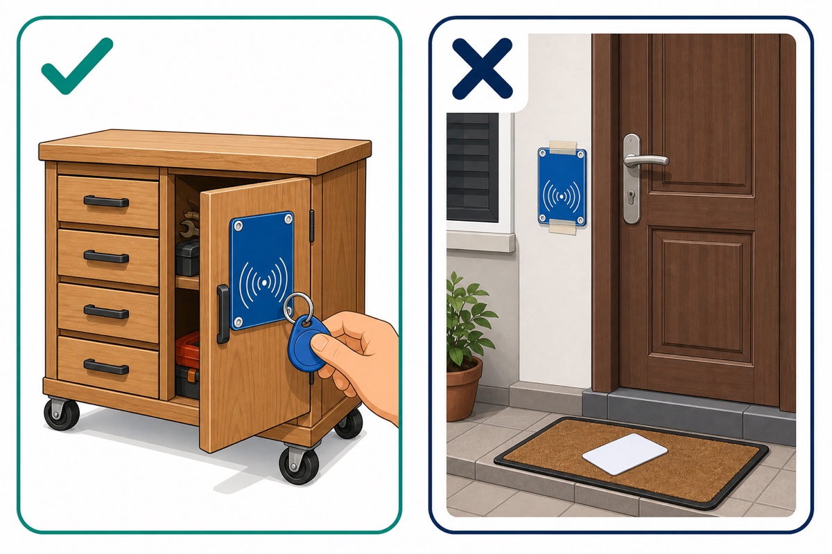 Cartoon comparison showing an RC522 reader correctly used on a workshop cabinet versus incorrectly fitted to a house front door