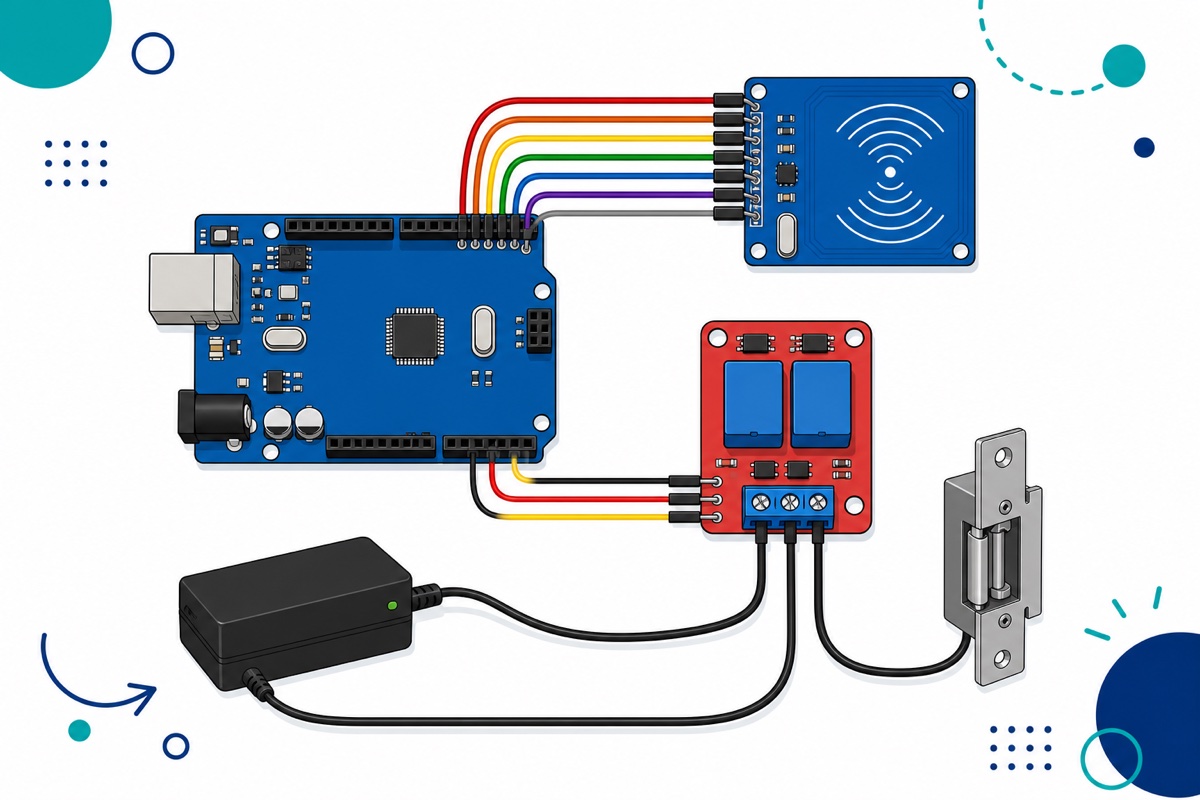 Cartoon wiring diagram showing seven jumper wires from a blue Arduino Uno to a blue RC522 reader and three to a red relay module driving a 12V door strike