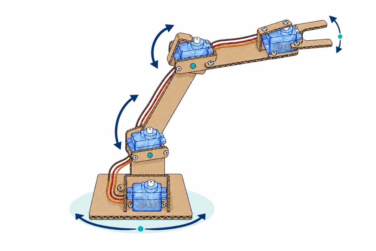 Cartoon side view of a cardboard robot arm built on four bright translucent-blue micro servos, with navy curved arrows showing base rotation, shoulder lift, elbow fold and gripper open-close