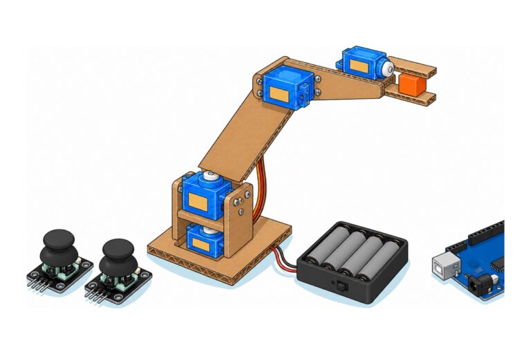 Cartoon of a four-joint robot arm made from bright translucent-blue SG90 micro servos on a light-brown cardboard frame gripping an orange cube, with two black joystick modules, a black four-cell AA battery case, and a blue Arduino board cropped at the edge