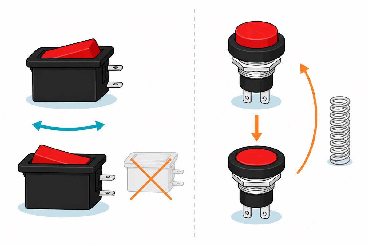 Cartoon comparison showing a black rocker with a red paddle drawn in its two tilted positions with a teal double-headed arrow between them and a crossed-out level ghost position, beside a round red-capped push button drawn standing and pressed with an orange arrow and a spring returning it