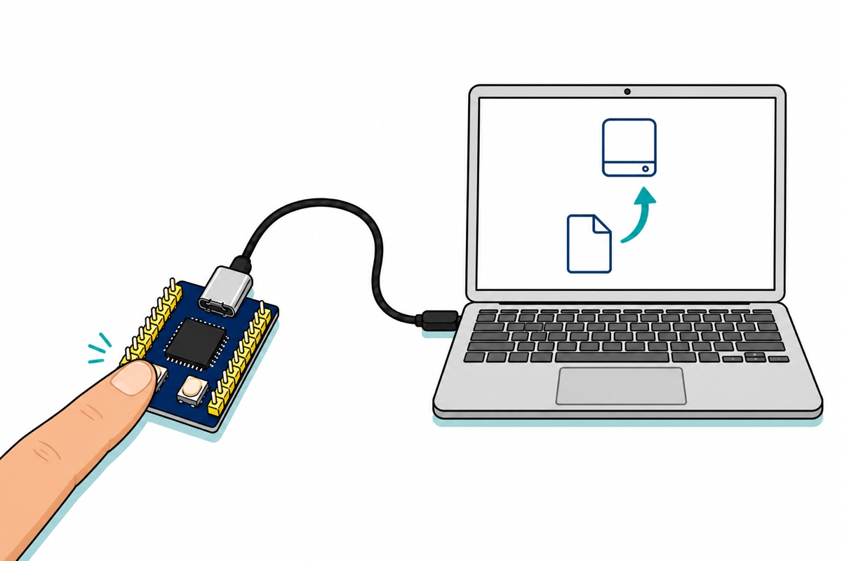 Cartoon of a fingertip holding the BOOT button on a navy RP2040-Zero while a USB cable connects it to a laptop whose screen shows a file icon moving into a removable-drive icon