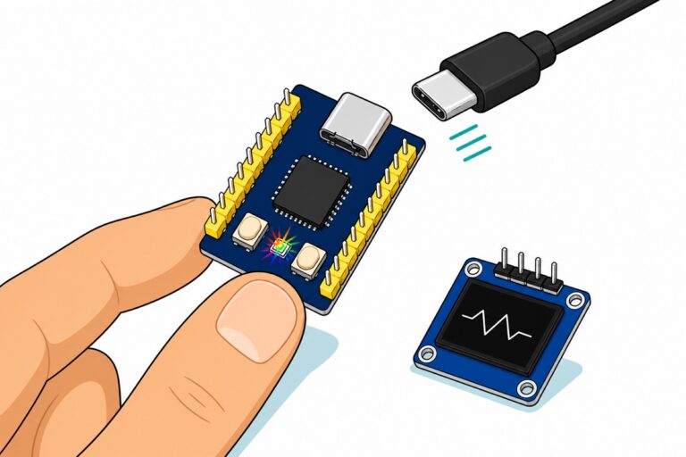 Cartoon of fingers holding a tiny navy RP2040-Zero board with USB-C, cream buttons, yellow header pins and a rainbow-glowing LED, a black USB-C cable about to plug in and a small blue OLED module nearby