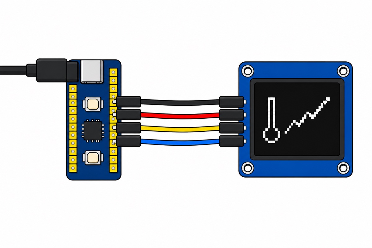 Cartoon of a tiny navy RP2040-Zero joined to a blue OLED module by four arcing jumper wires in black, red, yellow and blue, the black screen showing a white thermometer symbol and rising zigzag line
