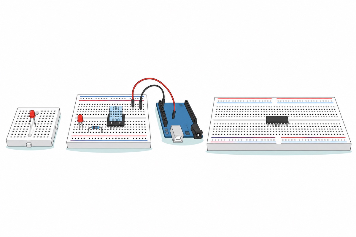 Cartoon of three white breadboards drawn to their real relative sizes - the mini with no coloured stripes and a red LED, the 400 board with a light-blue sensor and a small blue Arduino Uno beside it, and the long 830 board with stripes broken in the middle and a black IC chip