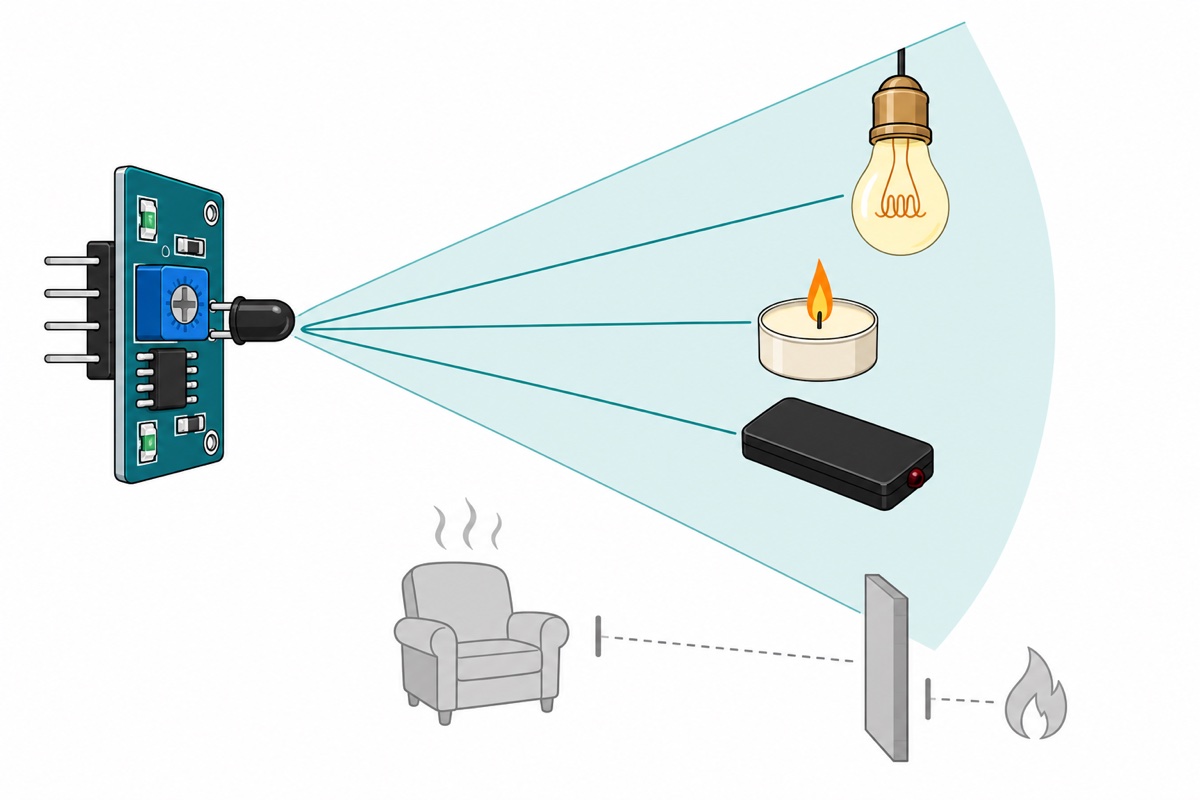 Cartoon of a teal detection cone from the teal-blue flame sensor module taking in a candle, an incandescent bulb and a TV remote, while smoke and a flame behind a wall stay grey and blocked