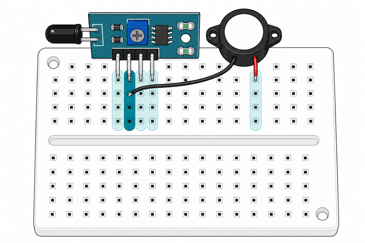 Cartoon of a teal-blue flame sensor module standing upright on a white mini breadboard beside a black piezo buzzer, with columns highlighted in teal to show that each column is a single connection point