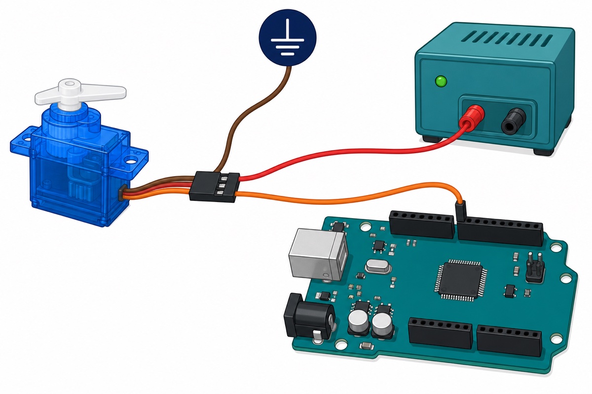 Servo wiring: brown wire to ground, red wire to 5V supply, orange signal wire to an Arduino pin