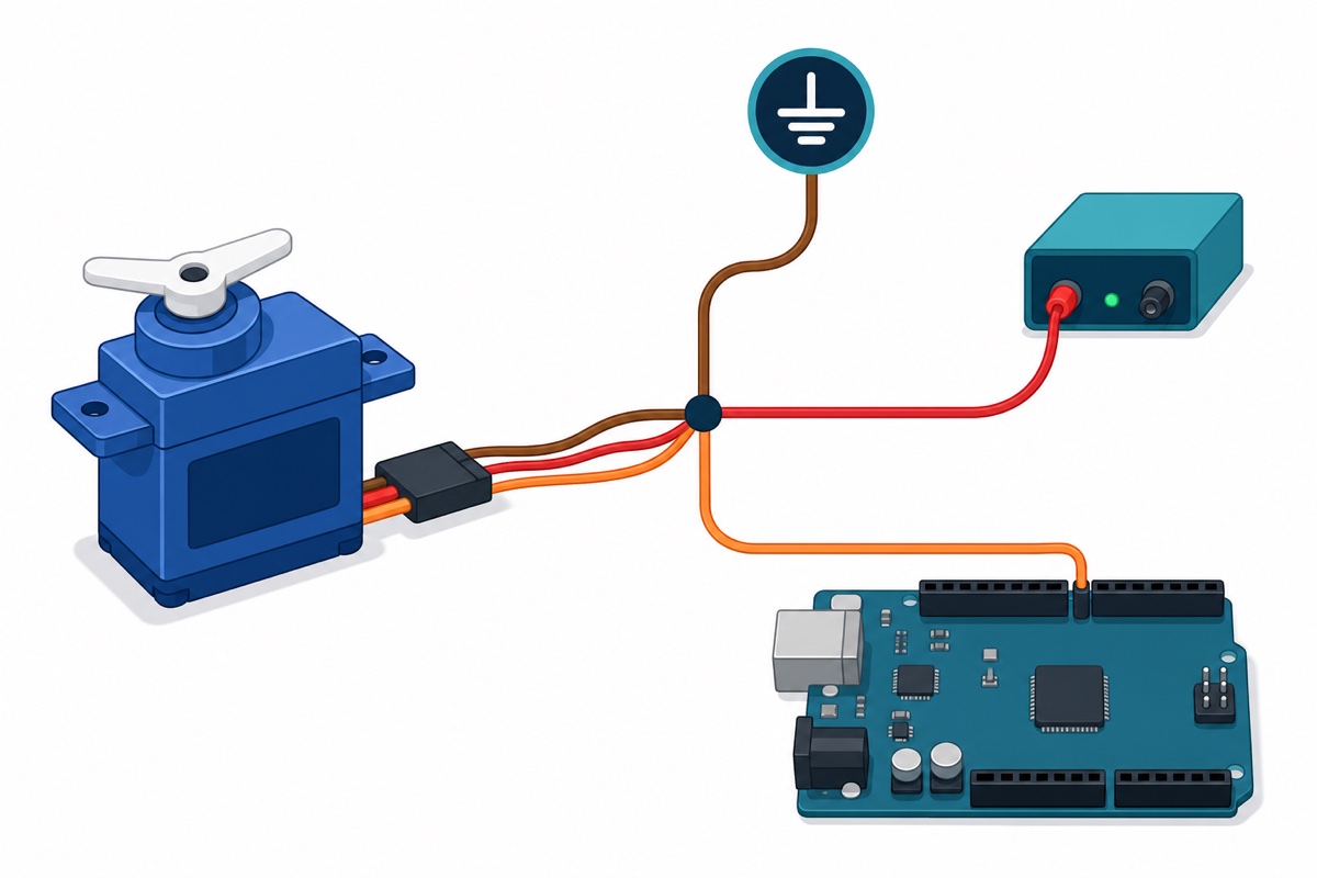 Servo wiring: brown wire to ground, red wire to 5V supply, orange signal wire to an Arduino pin