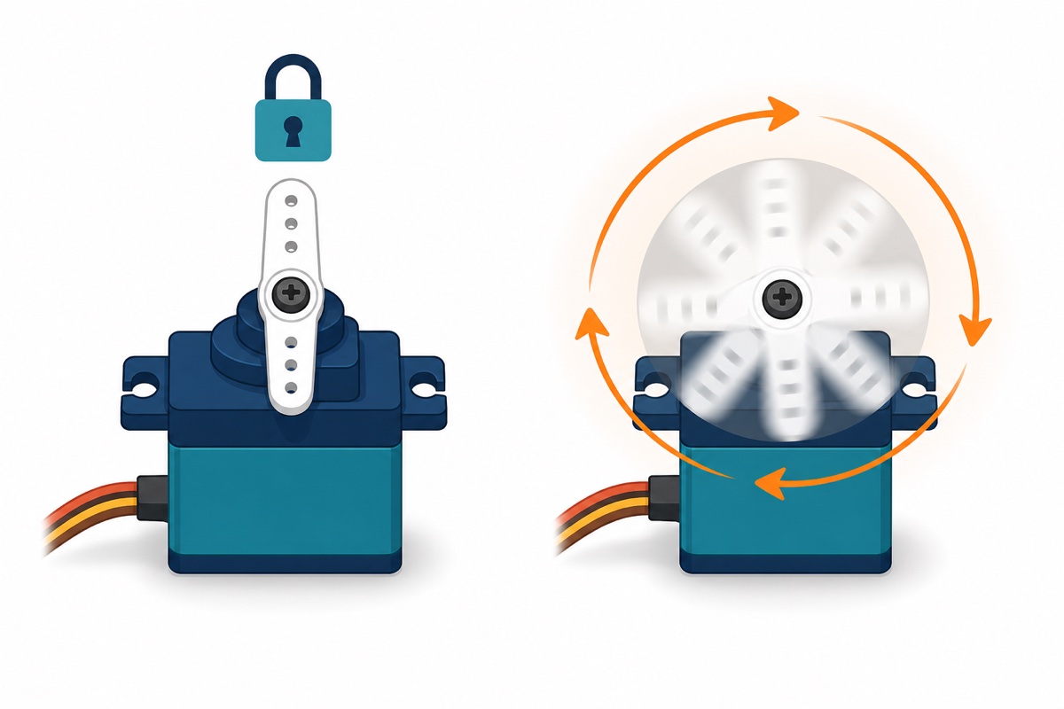 Positional servo holding its commanded angle beside a continuous servo spinning freely