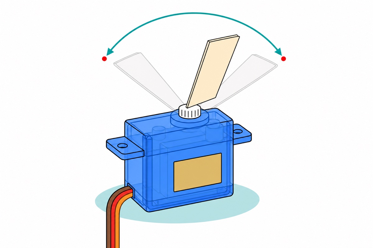 Cartoon of a bright translucent-blue micro servo with a cream masking-tape flag on its white splined disc, two ghosted flag positions and a teal double-headed arc marking the travel limits