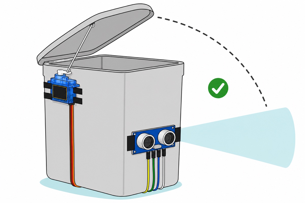 Cartoon side cutaway of a grey dustbin showing a translucent blue servo taped at the hinge with a paperclip rod to the lid, and a blue ultrasonic sensor on the bin front with a teal cone that never overlaps the lid's arc