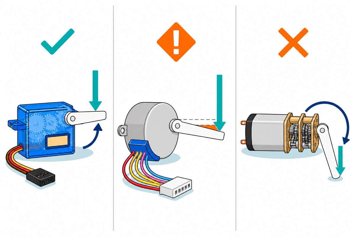 Cartoon of three panels where a teal arrow presses a white lever on each motor: the translucent-blue servo's lever springs back, the silver stepper's lever slips one notch below a dashed outline with an orange warning, and the silver-and-brass N20 motor's lever swings freely