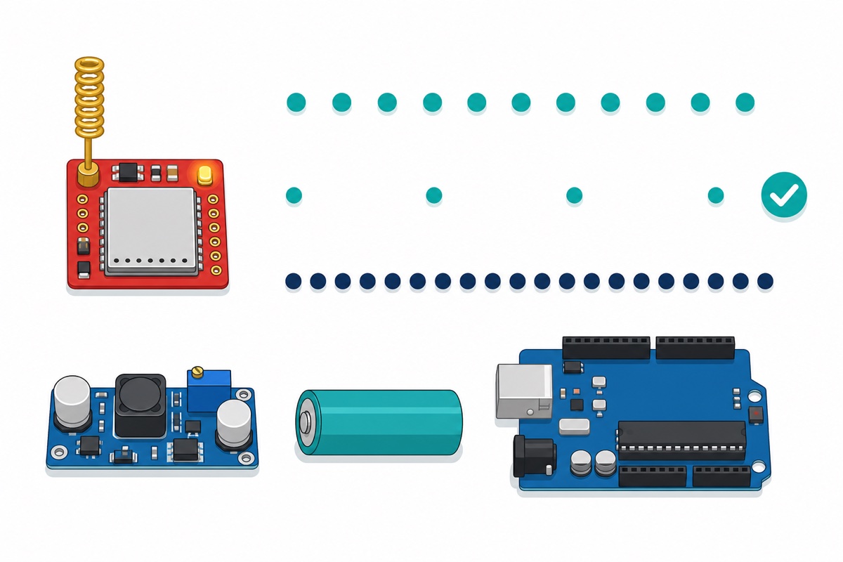 Diagram of the three SIM800L NETLIGHT blink rhythms shown as dot patterns beside the red module