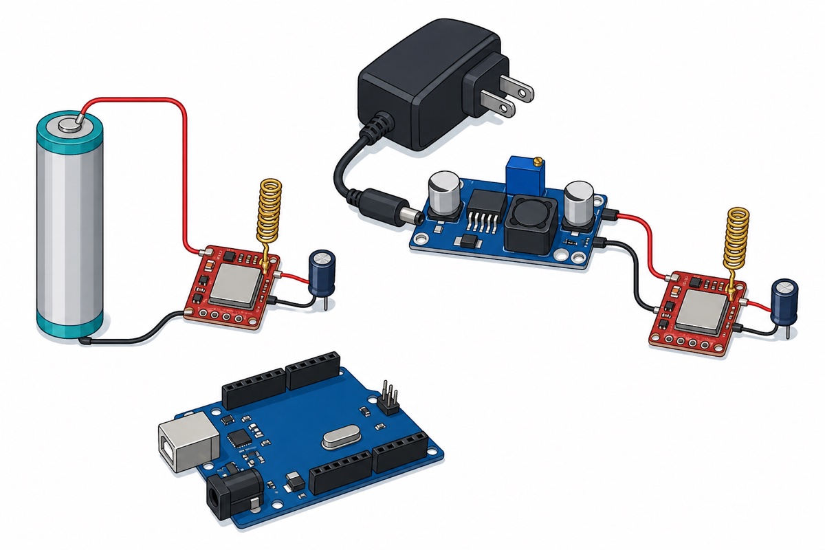 Side-by-side cartoon of an 18650 battery and a blue LM2596 buck converter each powering a red SIM800L module