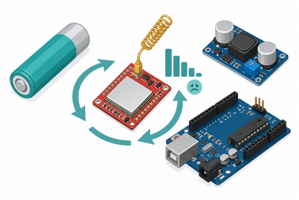 Cartoon of a red SIM800L GSM module with gold coil antenna stuck in a restart loop with weak signal bars