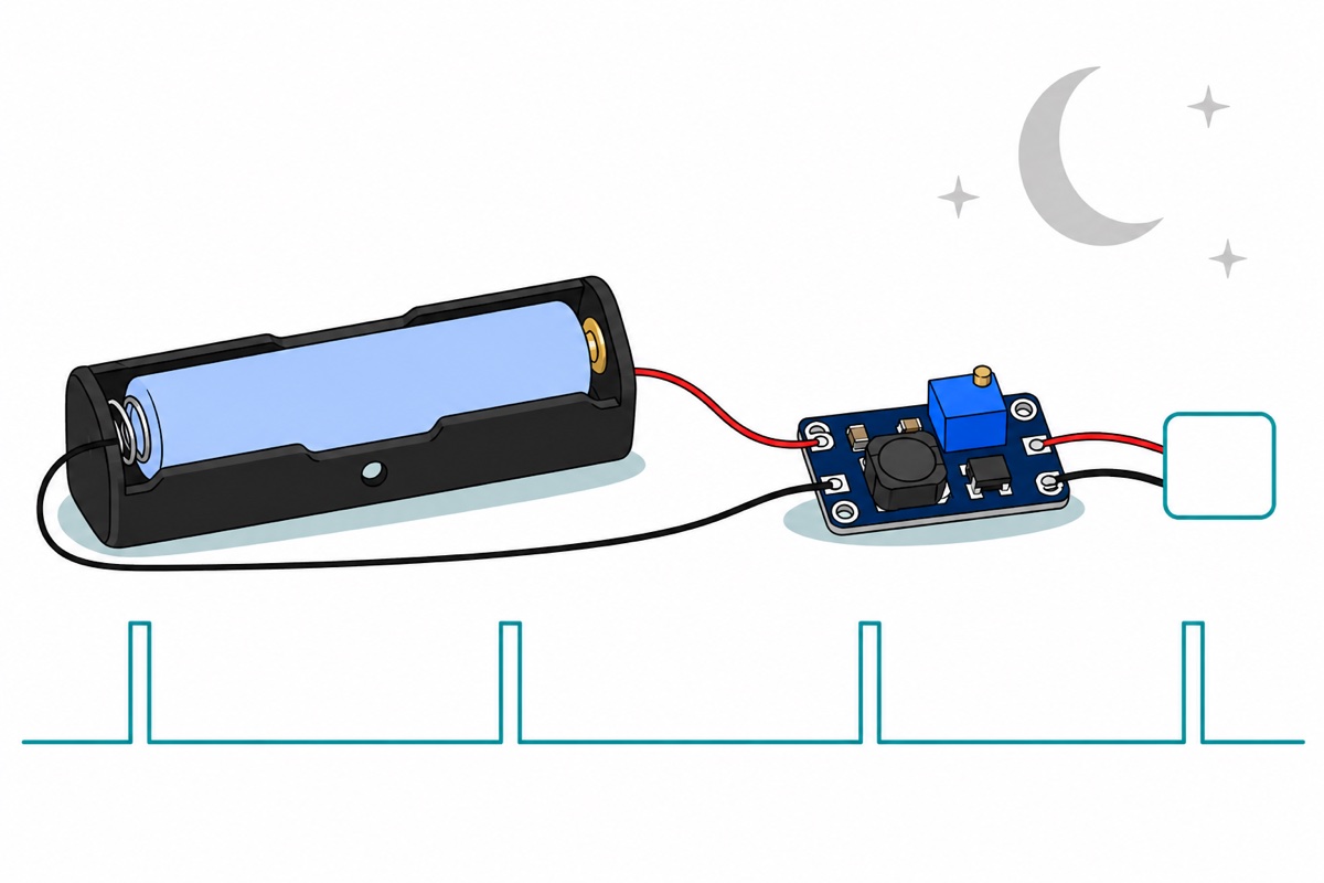 Cartoon night scene of a black holder with a pale blue 18650 cell feeding a dark navy boost board and a small project board, with a teal pulse train below showing brief wakes separated by long sleeps