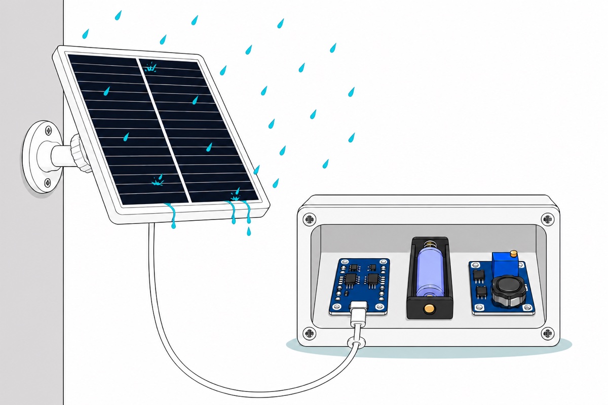Cartoon of a white-framed solar panel on a swivel bracket shedding teal raindrops, its white cable looping down into the bottom of a grey sealed box holding a blue charger, a pale blue 18650 cell and a navy boost board