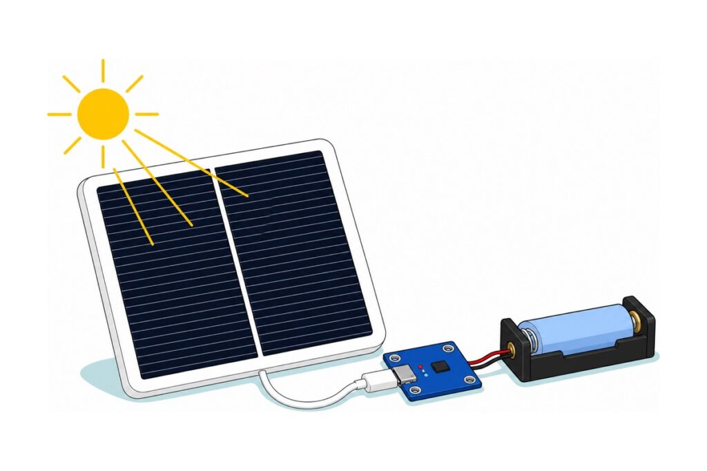 Cartoon of a large white-framed solar panel tilted towards a yellow sun, its white cable running to a small royal-blue charger board beside a black holder with a pale blue 18650 cell
