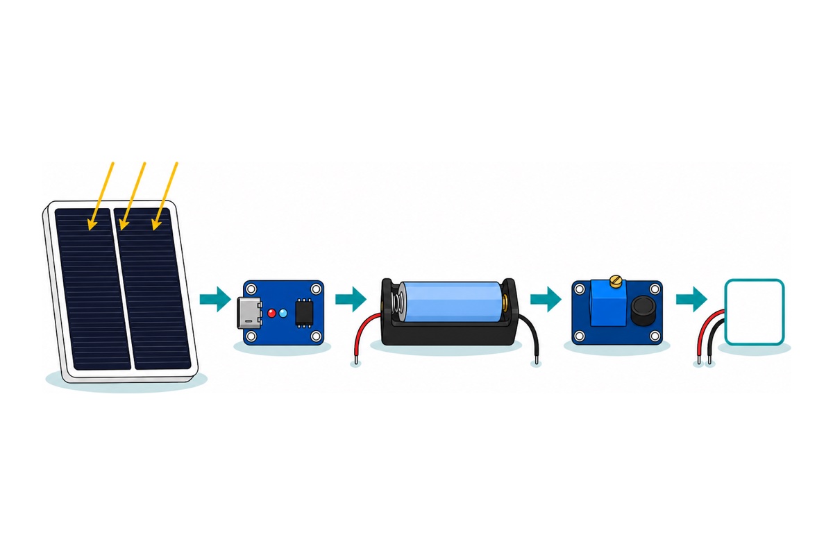 Cartoon row showing a white-framed solar panel, a royal-blue TP4056 charger, a black holder with a pale blue 18650 cell, a dark navy boost board with a blue trimmer, and a small project board, joined by teal arrows