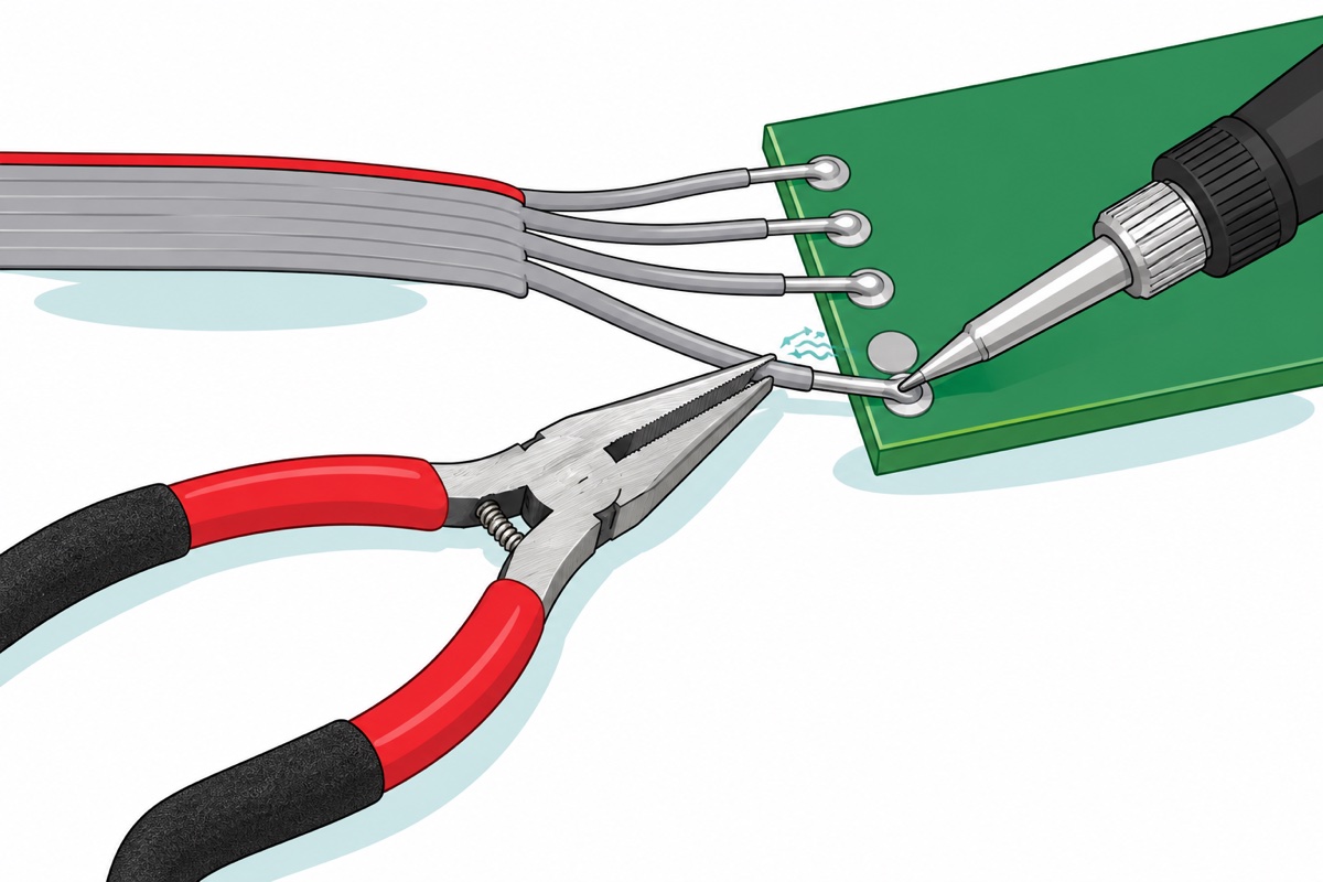 Cartoon of a grey red-striped ribbon cable with its end split and tinned, one wire laid on a silver pad on a green PCB and clamped by red-handled needle-nose pliers while an iron tip touches it