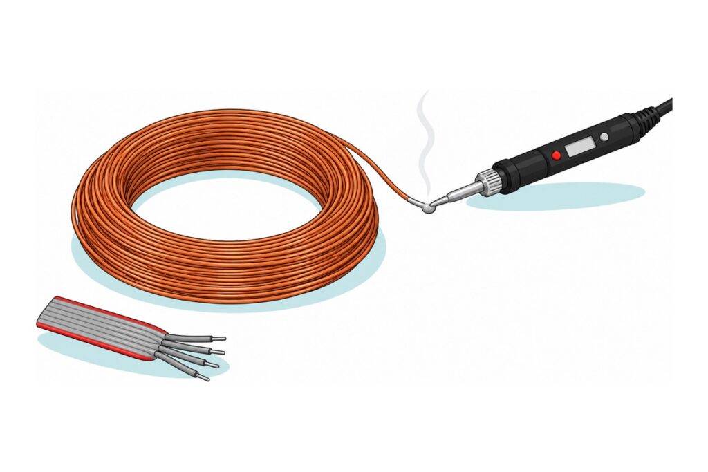 Kartun gegelung wayar email berwarna tembaga dengan hujungnya dicelup ke dalam titisan solder perak pada hujung soldering iron hitam, dan kabel ribbon kelabu berjalur merah di hadapan