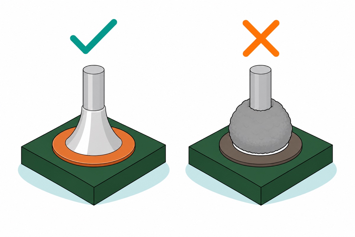 Cartoon cross-section comparing a bright silver concave solder fillet blended into a copper pad against a dull grey solder ball sitting on a dark oxidised pad with a visible gap