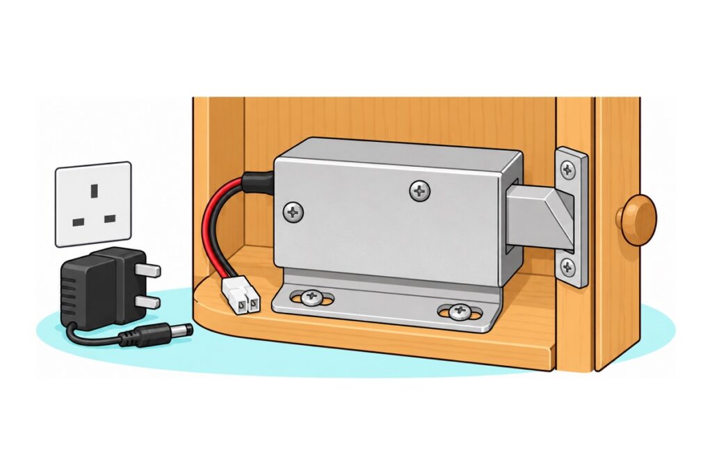 Cartoon of a silver 12V solenoid lock fixed inside a wooden cabinet with its bevelled bolt locked into a strike plate while a black wall adapter lies unplugged beside the socket