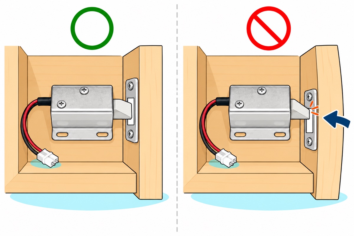 Comparison cartoon of a silver solenoid lock inside a wooden cabinet: on the left the bolt sits in the strike slot with clearance under a green circle, on the right a bowed, pushed door drags the strike onto the bolt under a red crossed-out circle
