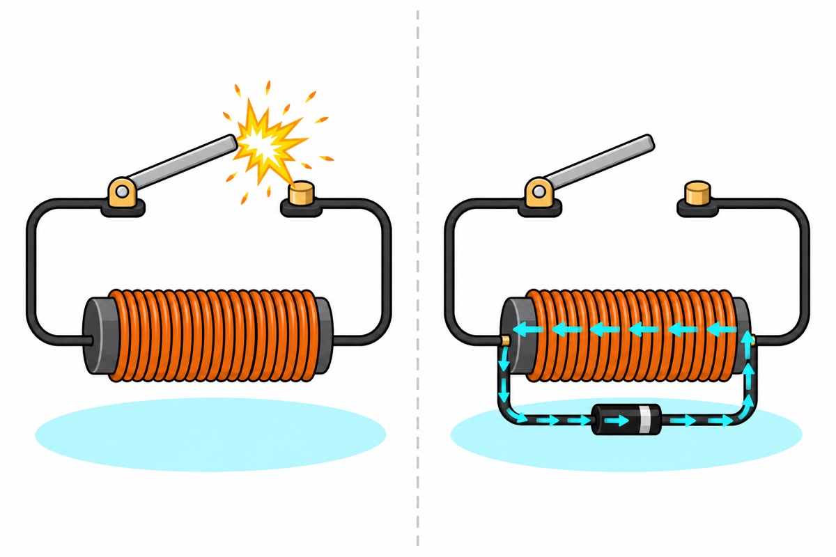 Two-panel cartoon: a copper coil whose open switch throws a bright spark with no diode, beside the same coil with a black banded diode across it and teal arrows circulating gently through the diode and no spark