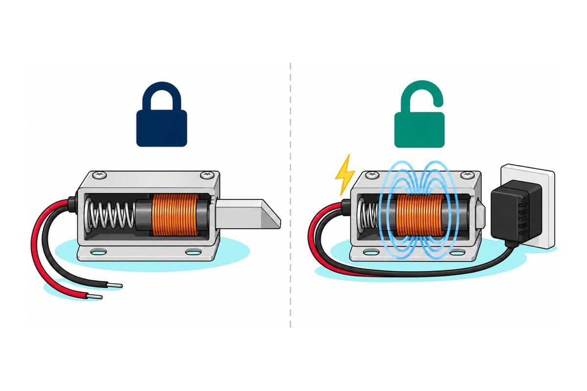 Two-panel cutaway cartoon of a solenoid lock: unpowered with a relaxed spring and extended bolt under a closed padlock, and powered with blue field loops around a copper coil, a squashed spring and a retracted bolt under an open padlock